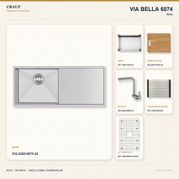 Crauf Via Bella 6074 İnox 100×45 cm Evye + Pesce 4060 Çelik Batarya 6 Parça Premium Set