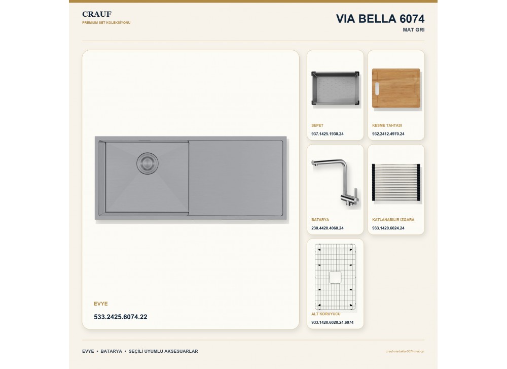 Crauf Via Bella 6074 Mat Gri Evye + Pesce 4060 Çelik Batarya 6 Parça Set Crauf Via Bella 6074 Mat Gri Evye + Pesce 4060 Çelik Batarya 6 Parça Set