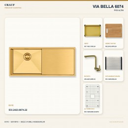 Crauf Via Bella 6074 PVD Altın 100×45 cm Evye + Pesce 4060 PVD Altın Batarya 6 Parça Premium Set