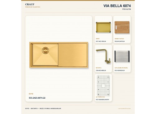 Crauf Via Bella 6074 PVD Altın 100×45 cm Evye + Pesce 4060 PVD Altın Batarya 6 Parça Premium Set