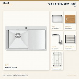 Crauf Via Lattea 6172 Sağ İnox 86×51 cm Evye + Pesce 4060 Çelik Batarya 6 Parça Premium Set