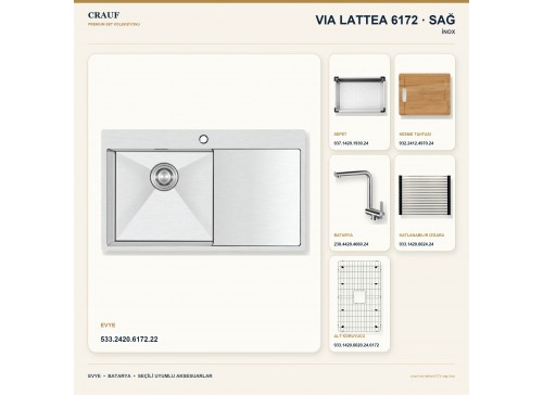 Crauf Via Lattea 6172 Sağ İnox 86×51 cm Evye + Pesce 4060 Çelik Batarya 6 Parça Premium Set