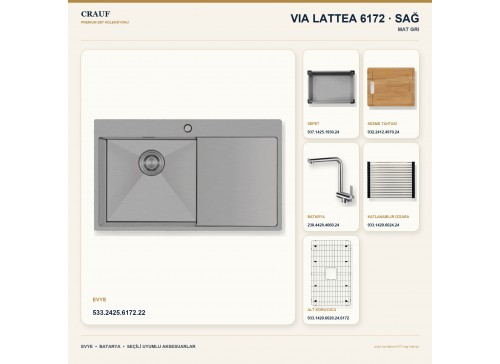 Crauf Via Lattea 6172 Sağ Mat Gri Evye + Pesce 4060 Çelik Batarya 6 Parça Set