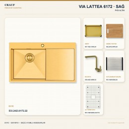 Crauf Via Lattea 6172 Sağ PVD Altın 86×51 cm Evye + Pesce 4060 PVD Altın Batarya 6 Parça Premium Set