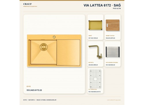 Crauf Via Lattea 6172 Sağ PVD Altın 86×51 cm Evye + Pesce 4060 PVD Altın Batarya 6 Parça Premium Set