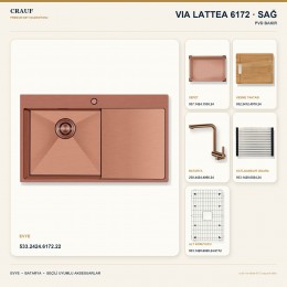 Crauf Via Lattea 6172 Sağ PVD Bakır 86×51 cm Evye + Pesce 4060 PVD Bakır Batarya 6 Parça Premium Set