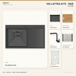 Crauf Via Lattea 6172 Sağ PVD Füme 86×51 cm Evye + Pesce 4060 PVD Füme Batarya 6 Parça Premium Set