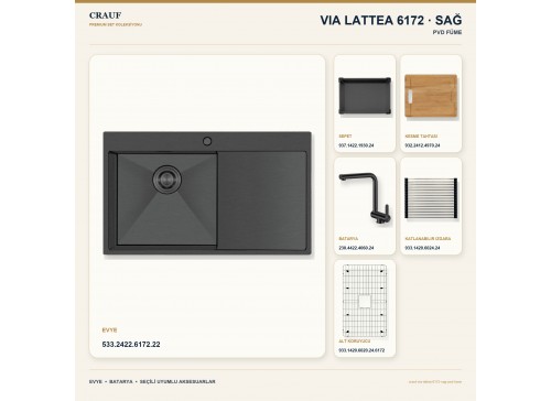 Crauf Via Lattea 6172 Sağ PVD Füme 86×51 cm Evye + Pesce 4060 PVD Füme Batarya 6 Parça Premium Set