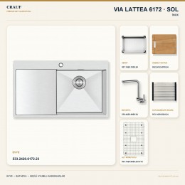 Crauf Via Lattea 6172 Sol İnox 86×51 cm Evye + Pesce 4060 Çelik Batarya 6 Parça Premium Set