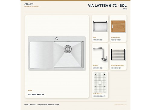 Crauf Via Lattea 6172 Sol İnox 86×51 cm Evye + Pesce 4060 Çelik Batarya 6 Parça Premium Set