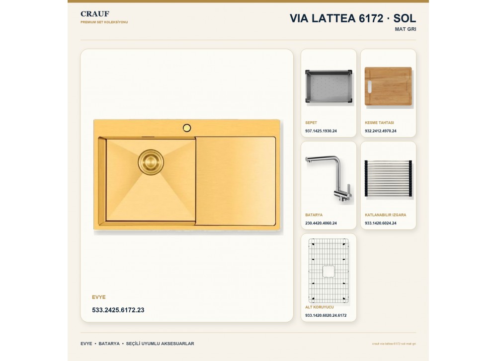 Crauf Via Lattea 6172 Sol Mat Gri Evye + Pesce 4060 Çelik Batarya 6 Parça Set
