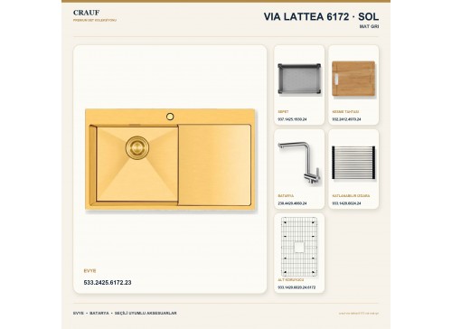 Crauf Via Lattea 6172 Sol Mat Gri Evye + Pesce 4060 Çelik Batarya 6 Parça Set