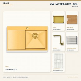 Crauf Via Lattea 6172 Sol PVD Altın 86×51 cm Evye + Pesce 4060 PVD Altın Batarya 6 Parça Premium Set