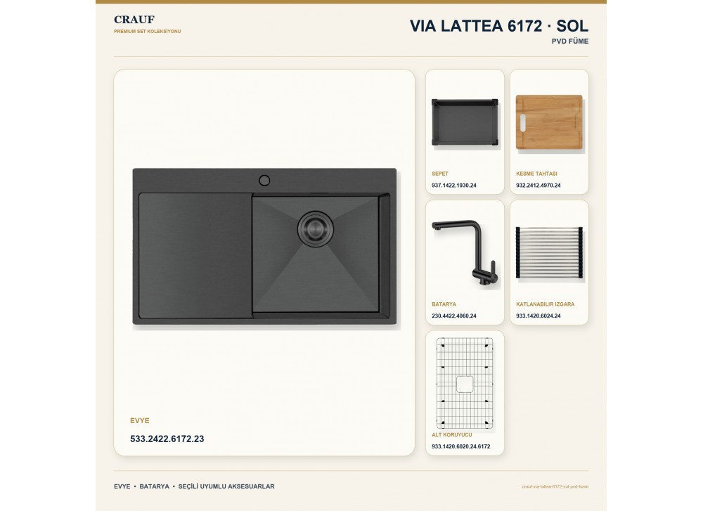 Crauf Via Lattea 6172 Sol PVD Füme 86×51 cm Evye + Pesce 4060 PVD Füme Batarya 6 Parça Premium Set Crauf Via Lattea 6172 Sol PVD Füme 86×51 cm Evye + Pesce 4060 PVD Füme Batarya 6 Parça Premium Set