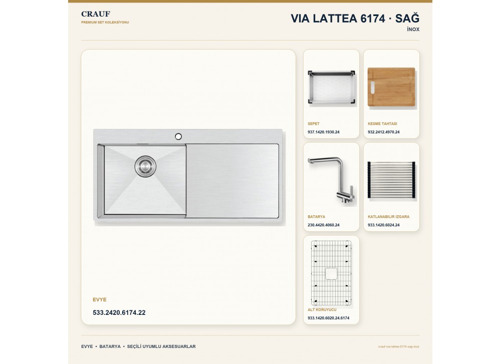 Crauf Via Lattea 6174 Sağ İnox 100×51 cm Evye + Pesce 4060 Çelik Batarya 6 Parça Premium Set Crauf Via Lattea 6174 Sağ İnox 100×51 cm Evye + Pesce 4060 Çelik Batarya 6 Parça Premium Set