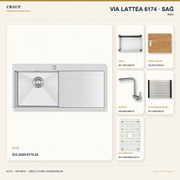 Crauf Via Lattea 6174 Sağ İnox 100×51 cm Evye + Pesce 4060 Çelik Batarya 6 Parça Premium Set