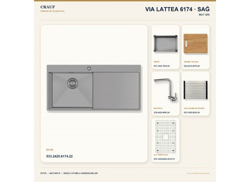 Crauf Via Lattea 6174 Sağ Mat Gri Evye + Pesce 4060 Çelik Batarya 6 Parça Set