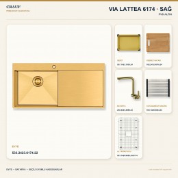 Crauf Via Lattea 6174 Sağ PVD Altın 100×51 cm Evye + Pesce 4060 PVD Altın Batarya 6 Parça Premium Set