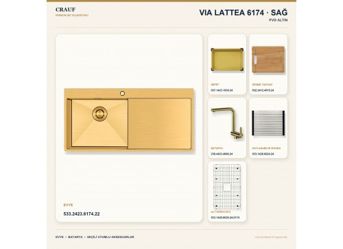 Crauf Via Lattea 6174 Sağ PVD Altın 100×51 cm Evye + Pesce 4060 PVD Altın Batarya 6 Parça Premium Set