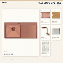 Crauf Via Lattea 6174 Sağ PVD Bakır 100×51 cm Evye + Pesce 4060 PVD Bakır Batarya 6 Parça Premium Set