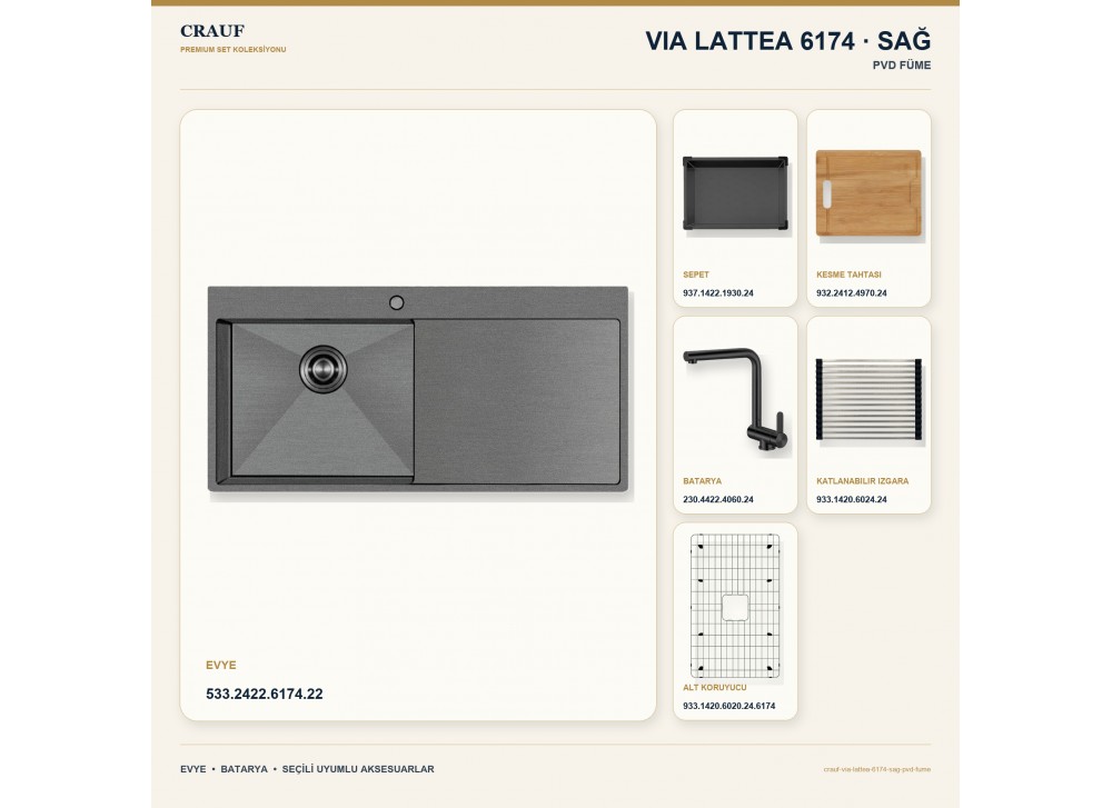 Crauf Via Lattea 6174 Sağ PVD Füme 100×51 cm Evye + Pesce 4060 PVD Füme Batarya 6 Parça Premium Set Crauf Via Lattea 6174 Sağ PVD Füme 100×51 cm Evye + Pesce 4060 PVD Füme Batarya 6 Parça Premium Set