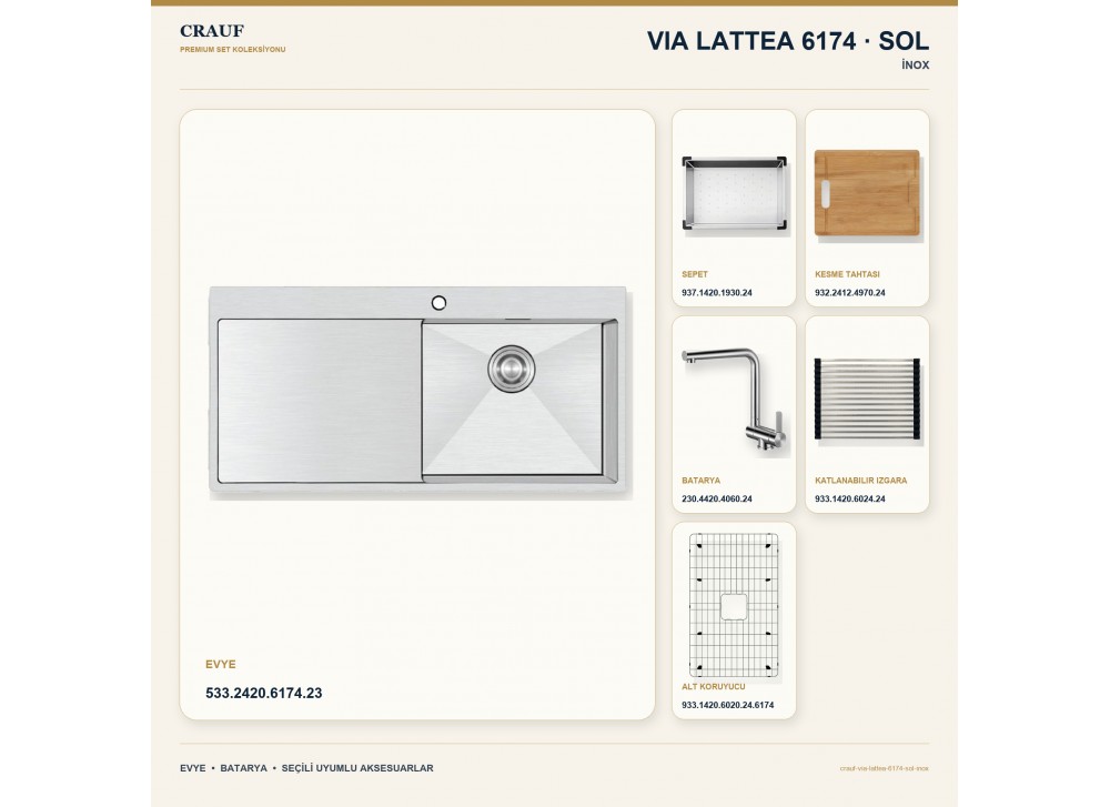 Crauf Via Lattea 6174 Sol İnox 100×51 cm Evye + Pesce 4060 Çelik Batarya 6 Parça Premium Set Crauf Via Lattea 6174 Sol İnox 100×51 cm Evye + Pesce 4060 Çelik Batarya 6 Parça Premium Set