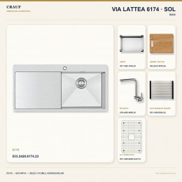 Crauf Via Lattea 6174 Sol İnox 100×51 cm Evye + Pesce 4060 Çelik Batarya 6 Parça Premium Set