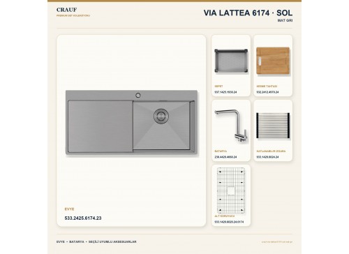 Crauf Via Lattea 6174 Sol Mat Gri Evye + Pesce 4060 Çelik Batarya 6 Parça Set