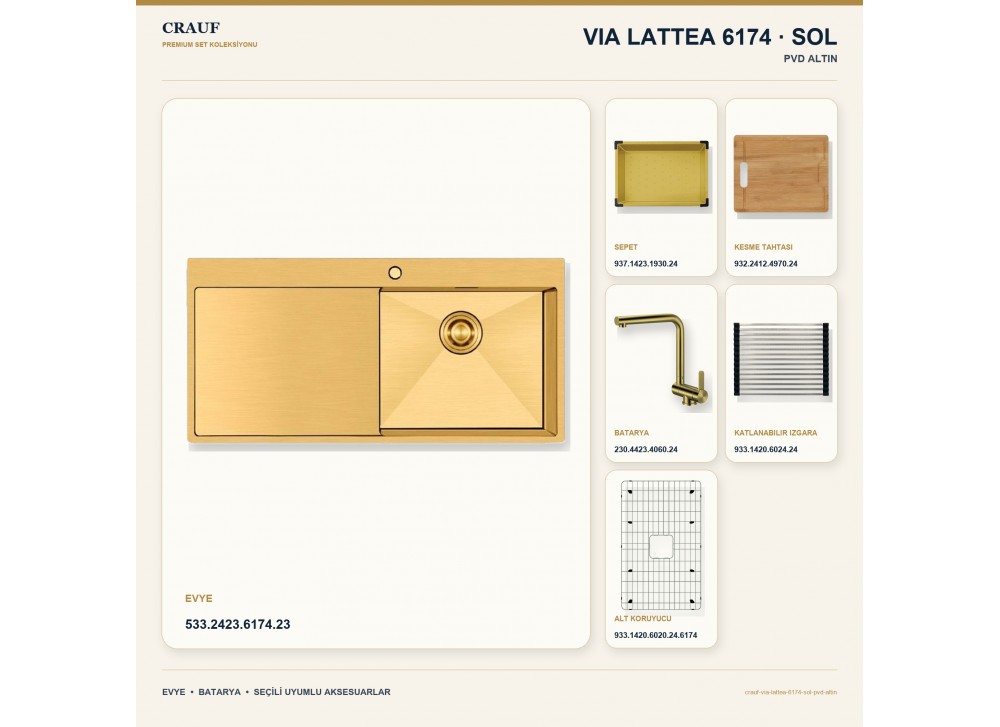 Crauf Via Lattea 6174 Sol PVD Altın 100×51 cm Evye + Pesce 4060 PVD Altın Batarya 6 Parça Premium Set
