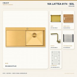 Crauf Via Lattea 6174 Sol PVD Altın 100×51 cm Evye + Pesce 4060 PVD Altın Batarya 6 Parça Premium Set