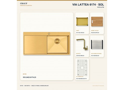 Crauf Via Lattea 6174 Sol PVD Altın 100×51 cm Evye + Pesce 4060 PVD Altın Batarya 6 Parça Premium Set