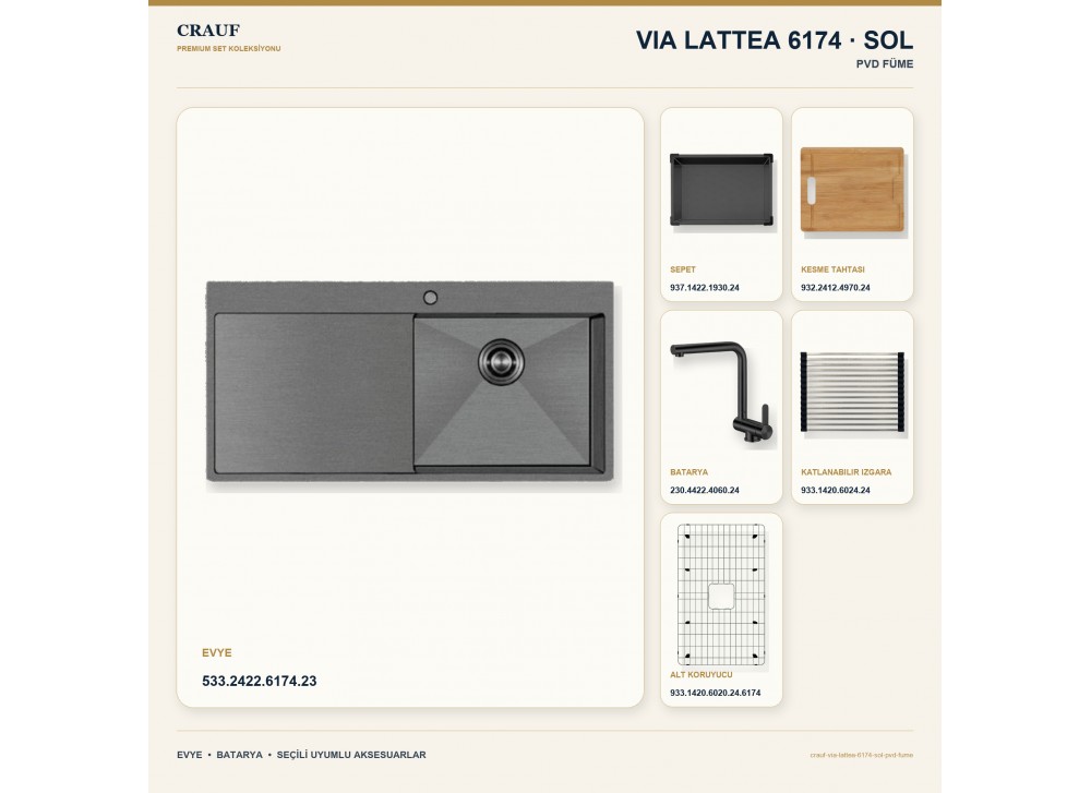 Crauf Via Lattea 6174 Sol PVD Füme 100×51 cm Evye + Pesce 4060 PVD Füme Batarya 6 Parça Premium Set Crauf Via Lattea 6174 Sol PVD Füme 100×51 cm Evye + Pesce 4060 PVD Füme Batarya 6 Parça Premium Set