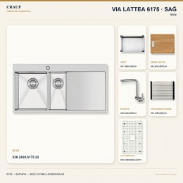 Crauf Via Lattea 6175 Sağ İnox 100×51 cm Evye + Pesce 4060 Çelik Batarya 6 Parça Premium Set