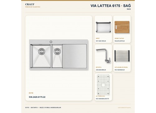 Crauf Via Lattea 6175 Sağ İnox 100×51 cm Evye + Pesce 4060 Çelik Batarya 6 Parça Premium Set