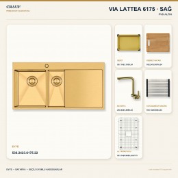 Crauf Via Lattea 6175 Sağ PVD Altın 100×51 cm Evye + Pesce 4060 PVD Altın Batarya 6 Parça Premium Set