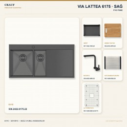 Crauf Via Lattea 6175 Sağ PVD Füme 100×51 cm Evye + Pesce 4060 PVD Füme Batarya 6 Parça Premium Set