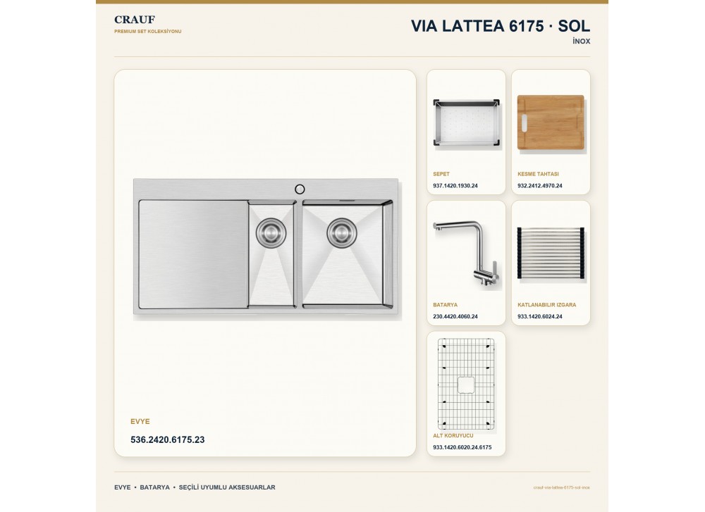 Crauf Via Lattea 6175 Sol İnox 100×51 cm Evye + Pesce 4060 Çelik Batarya 6 Parça Premium Set Crauf Via Lattea 6175 Sol İnox 100×51 cm Evye + Pesce 4060 Çelik Batarya 6 Parça Premium Set