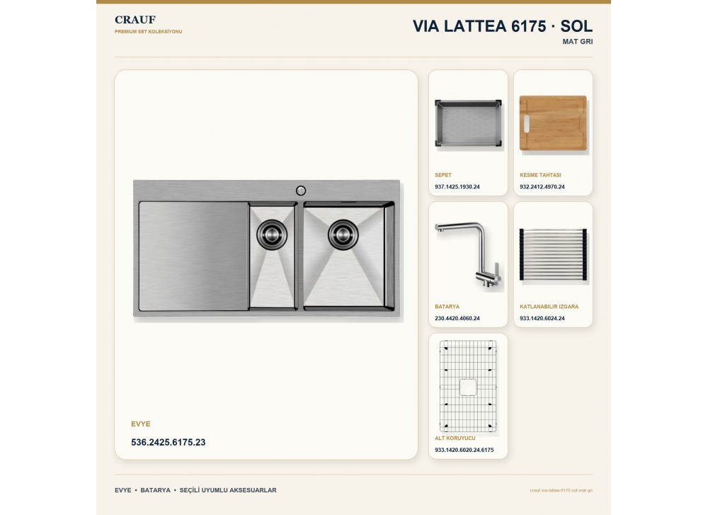 Crauf Via Lattea 6175 Sol Mat Gri Evye + Pesce 4060 Çelik Batarya 6 Parça Set Crauf Via Lattea 6175 Sol Mat Gri Evye + Pesce 4060 Çelik Batarya 6 Parça Set