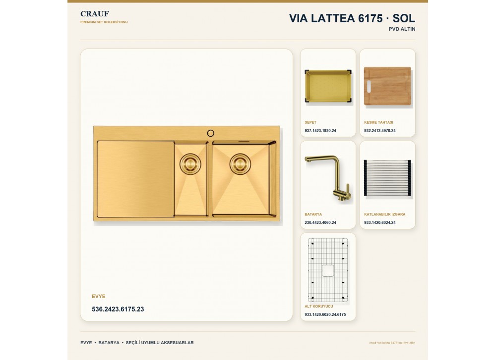 Crauf Via Lattea 6175 Sol PVD Altın 100×51 cm Evye + Pesce 4060 PVD Altın Batarya 6 Parça Premium Set Crauf Via Lattea 6175 Sol PVD Altın 100×51 cm Evye + Pesce 4060 PVD Altın Batarya 6 Parça Premium Set