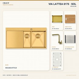 Crauf Via Lattea 6175 Sol PVD Altın 100×51 cm Evye + Pesce 4060 PVD Altın Batarya 6 Parça Premium Set