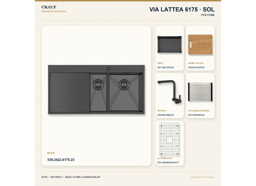 Crauf Via Lattea 6175 Sol PVD Füme 100×51 cm Evye + Pesce 4060 PVD Füme Batarya 6 Parça Premium Set