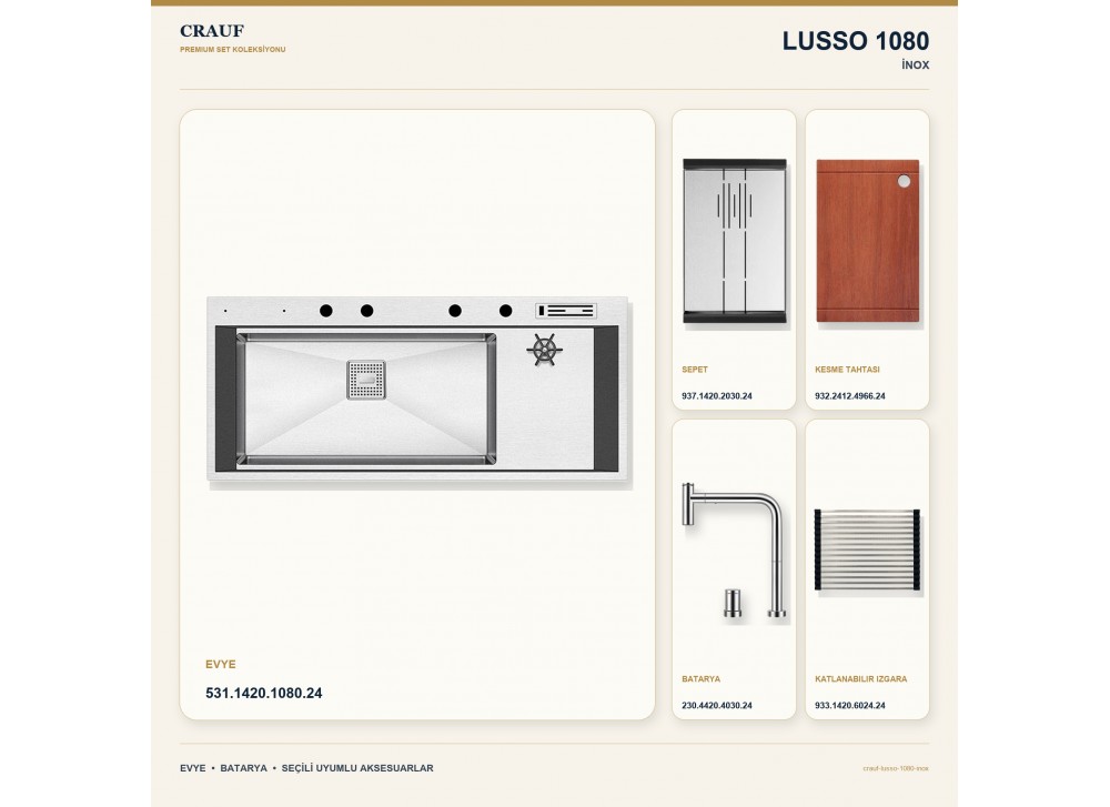 Crauf Lusso 1080 İnox 118×50 cm Evye + Lusso 4030 Çelik Batarya 5 Parça Premium Set Crauf Lusso 1080 İnox 118×50 cm Evye + Lusso 4030 Çelik Batarya 5 Parça Premium Set