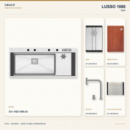 Crauf Lusso 1080 İnox 118×50 cm Evye + Lusso 4030 Çelik Batarya 5 Parça Premium Set