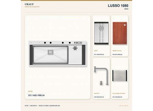 Crauf Lusso 1080 İnox 118×50 cm Evye + Lusso 4030 Çelik Batarya 5 Parça Premium Set