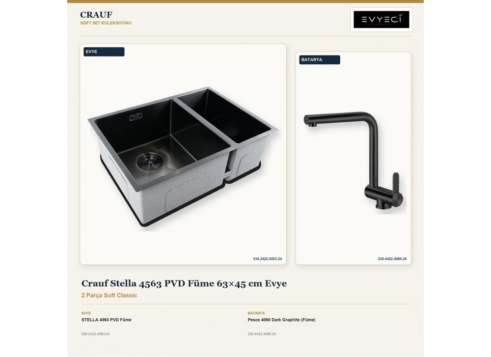 Crauf Stella 4563 PVD Füme 63×45 cm Evye + Pesce 4060 Dark Graphite (Füme) Batarya | 2 Parça Soft Classic Crauf Stella 4563 PVD Füme 63×45 cm Evye + Pesce 4060 Dark Graphite (Füme) Batarya | 2 Parça Soft Classic