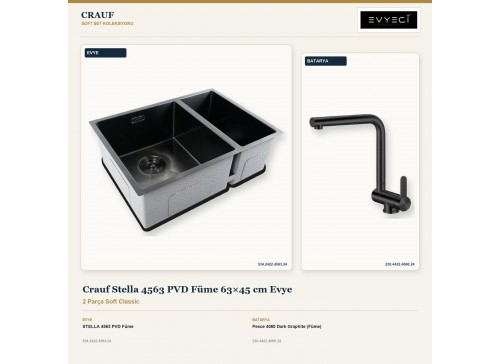 Crauf Stella 4563 PVD Füme 63×45 cm Evye + Pesce 4060 Dark Graphite (Füme) Batarya | 2 Parça Soft Classic