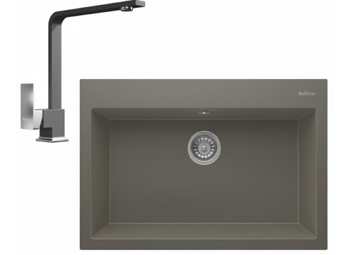 Realstone Didyma 77 Granit Eviye ve Göksu L Kuğu Batarya Seti - 77x50 cm Tam Renk Uyumlu - Gri