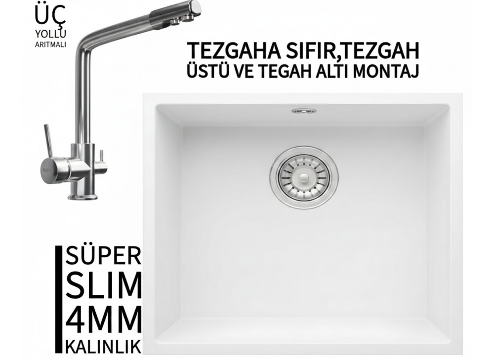 RealStone Steep 50 Beyaz Granit Evye & Abant Krom Batarya Seti RealStone Steep 50 Beyaz Granit Evye & Abant Krom Batarya Seti