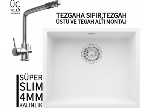 RealStone Steep 50 Beyaz Granit Evye & Abant Krom Batarya Seti RealStone Steep 50 Beyaz Granit Evye & Abant Krom Batarya Seti
