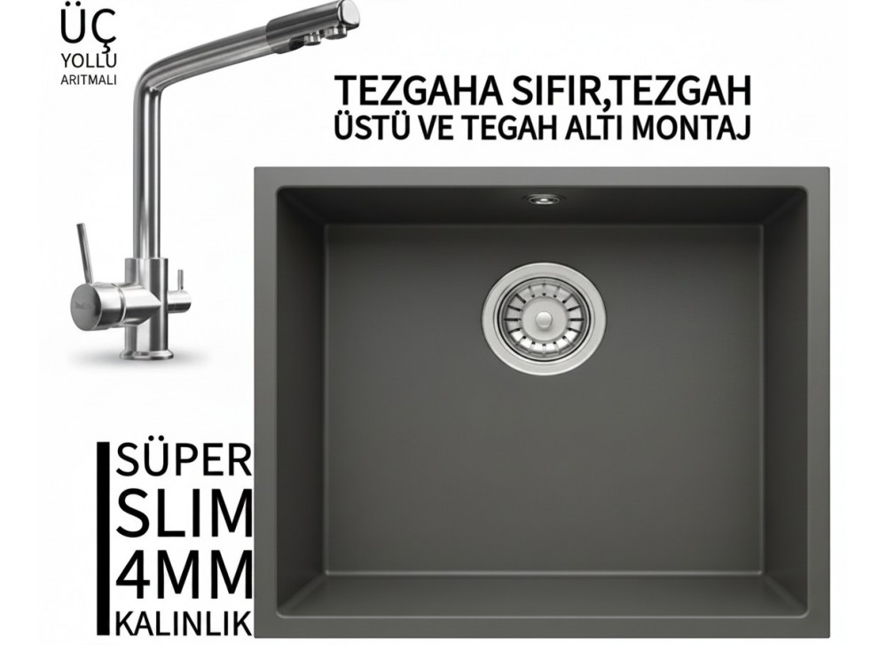RealStone Steep 50 Antrasit Granit Evye & Abant Krom Batarya Seti RealStone Steep 50 Antrasit Granit Evye & Abant Krom Batarya Seti